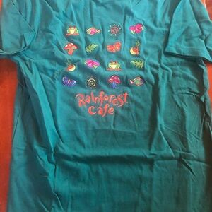 RAINFOREST CAFE Vtg. Teal Short Sleeve Graphic Tee with Colorful Nature Icons